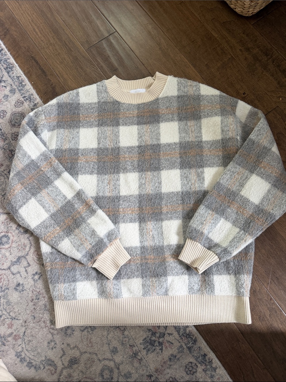 OAK + FORT Plaid Crewneck Sweater in Cream, Gray & Tan